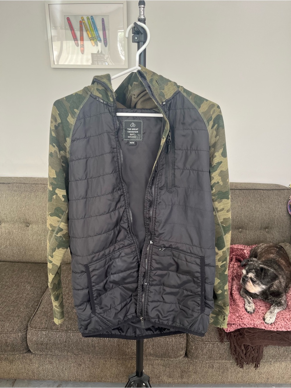 Quilted Hooded Puffer Jacket with Camo Sleeves - Black